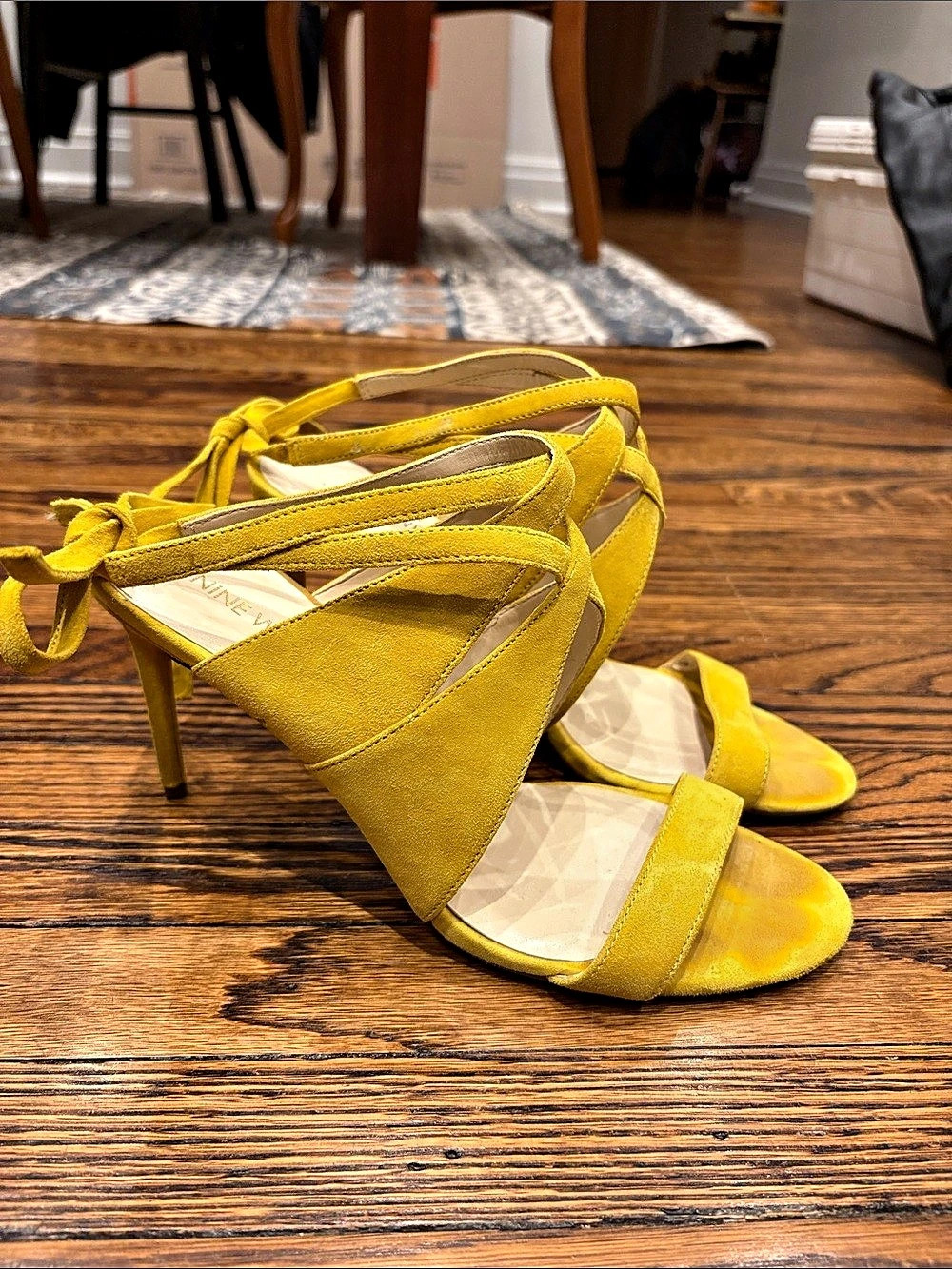 Nine West Ronnie Strappy Stiletto Heel Yellow Ankle Tie Heels Size US 8M